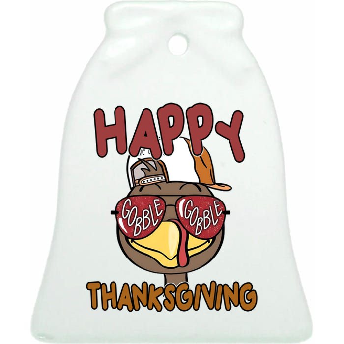 Happy Thanksgiving Cool Gobble Turkey Ceramic Bell Ornament