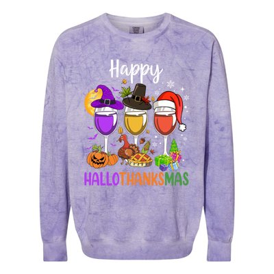 Halloween Thanksgiving Christmas Happy Hallothanksmas Wine Colorblast Crewneck Sweatshirt