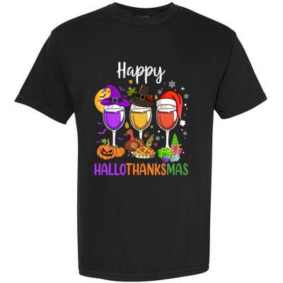 Halloween Thanksgiving Christmas Happy Hallothanksmas Wine Garment-Dyed Heavyweight T-Shirt