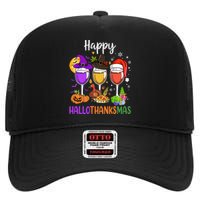 Halloween Thanksgiving Christmas Happy Hallothanksmas Wine High Crown Mesh Back Trucker Hat