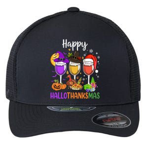 Halloween Thanksgiving Christmas Happy Hallothanksmas Wine Flexfit Unipanel Trucker Cap