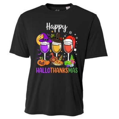 Halloween Thanksgiving Christmas Happy Hallothanksmas Wine Cooling Performance Crew T-Shirt