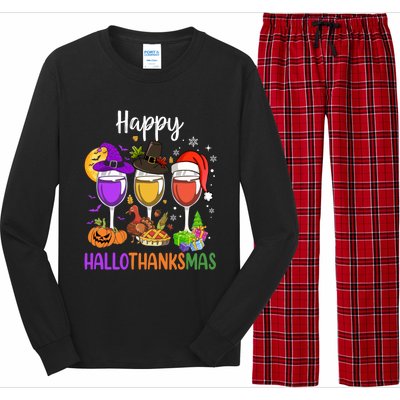 Halloween Thanksgiving Christmas Happy Hallothanksmas Wine Long Sleeve Pajama Set