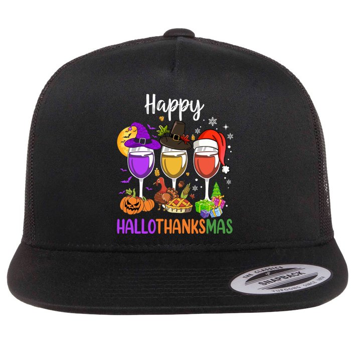 Halloween Thanksgiving Christmas Happy Hallothanksmas Wine Flat Bill Trucker Hat