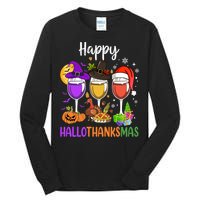 Halloween Thanksgiving Christmas Happy Hallothanksmas Wine Tall Long Sleeve T-Shirt