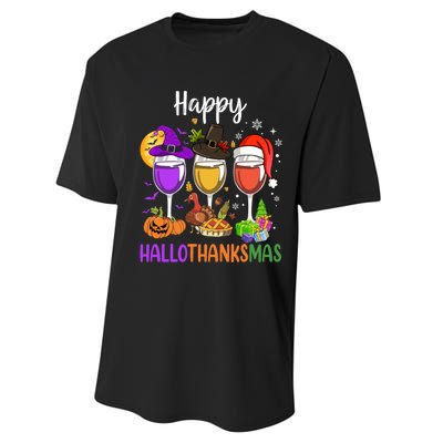 Halloween Thanksgiving Christmas Happy Hallothanksmas Wine Performance Sprint T-Shirt