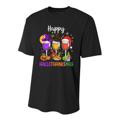 Halloween Thanksgiving Christmas Happy Hallothanksmas Wine Youth Performance Sprint T-Shirt