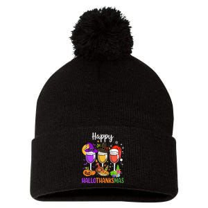 Halloween Thanksgiving Christmas Happy Hallothanksmas Wine Pom Pom 12in Knit Beanie