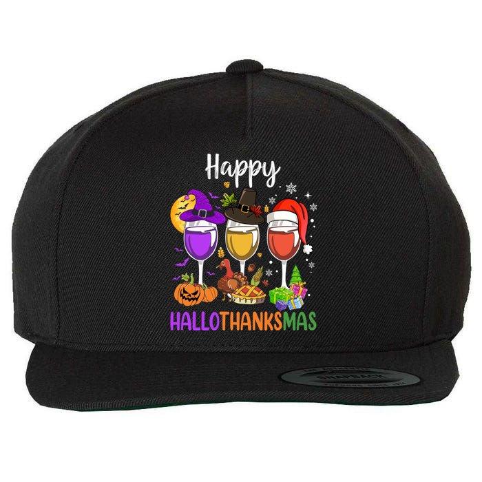 Halloween Thanksgiving Christmas Happy Hallothanksmas Wine Wool Snapback Cap