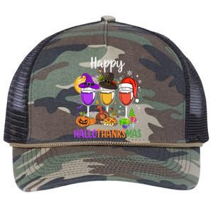 Halloween Thanksgiving Christmas Happy Hallothanksmas Wine Retro Rope Trucker Hat Cap