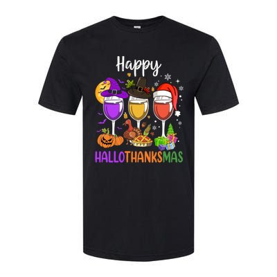 Halloween Thanksgiving Christmas Happy Hallothanksmas Wine Softstyle CVC T-Shirt