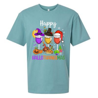 Halloween Thanksgiving Christmas Happy Hallothanksmas Wine Sueded Cloud Jersey T-Shirt