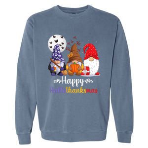 Halloween Thanksgiving Christmas Happy HalloThanksMas Gnomes Garment-Dyed Sweatshirt