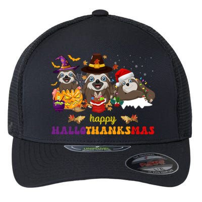 Halloween Thanksgiving Christmas Happy Hallothanksmas Sloths Flexfit Unipanel Trucker Cap