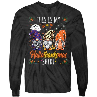 Halloween Thanksgiving Christmas Funny Hallothanksmas Gnomes Tie-Dye Long Sleeve Shirt