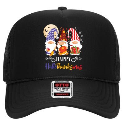 Halloween Thanksgiving Christmas Gnome Happy Hallothanksmas High Crown Mesh Back Trucker Hat