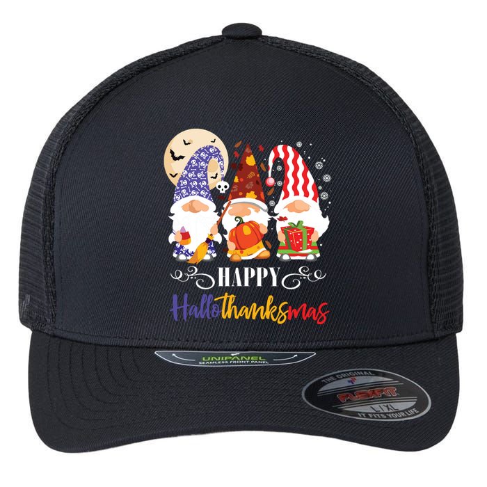 Halloween Thanksgiving Christmas Gnome Happy Hallothanksmas Flexfit Unipanel Trucker Cap