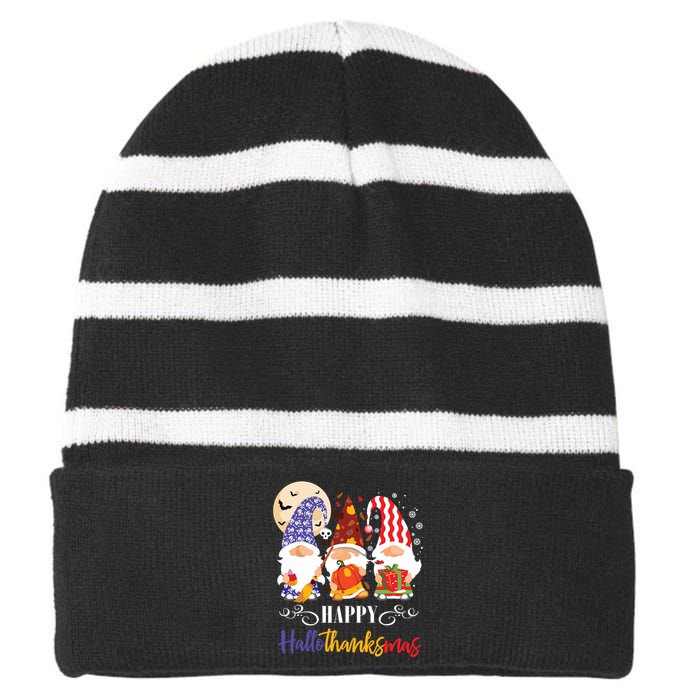 Halloween Thanksgiving Christmas Gnome Happy Hallothanksmas Striped Beanie with Solid Band