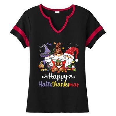 Halloween Thanksgiving Christmas Happy Hallothanksmas Gnome Ladies Halftime Notch Neck Tee