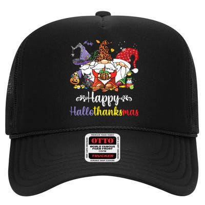 Halloween Thanksgiving Christmas Happy Hallothanksmas Gnome High Crown Mesh Back Trucker Hat