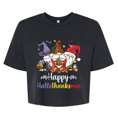 Halloween Thanksgiving Christmas Happy Hallothanksmas Gnome Bella+Canvas Jersey Crop Tee