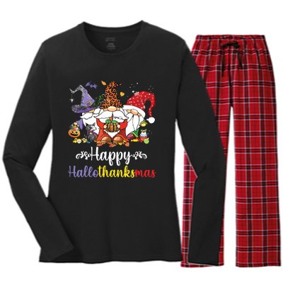 Halloween Thanksgiving Christmas Happy Hallothanksmas Gnome Women's Long Sleeve Flannel Pajama Set 