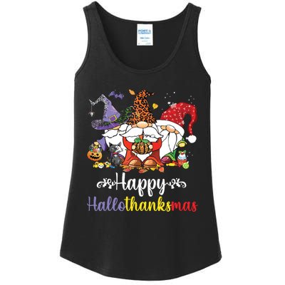 Halloween Thanksgiving Christmas Happy Hallothanksmas Gnome Ladies Essential Tank