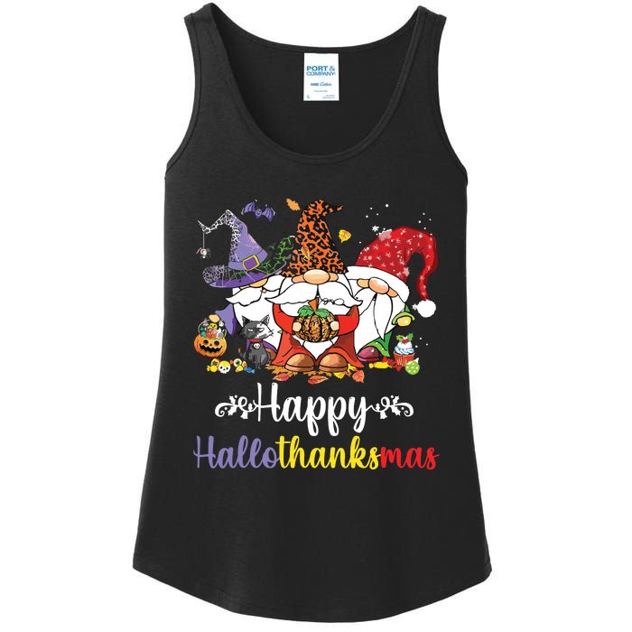 Halloween Thanksgiving Christmas Happy Hallothanksmas Gnome Ladies Essential Tank