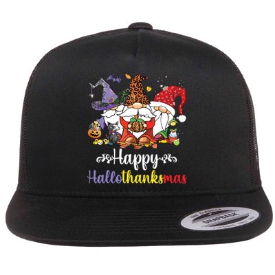 Halloween Thanksgiving Christmas Happy Hallothanksmas Gnome Flat Bill Trucker Hat