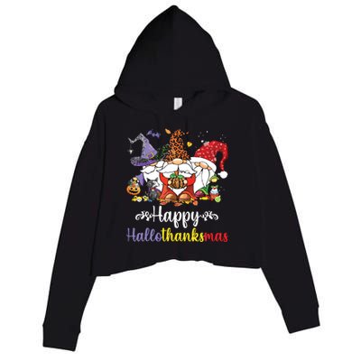 Halloween Thanksgiving Christmas Happy Hallothanksmas Gnome Crop Fleece Hoodie