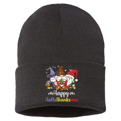 Halloween Thanksgiving Christmas Happy Hallothanksmas Gnome Sustainable Knit Beanie