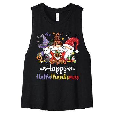 Halloween Thanksgiving Christmas Happy Hallothanksmas Gnome Women's Racerback Cropped Tank