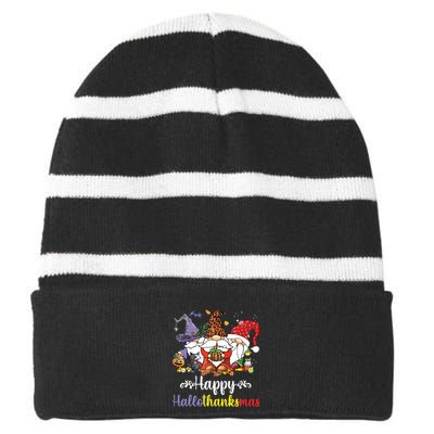 Halloween Thanksgiving Christmas Happy Hallothanksmas Gnome Striped Beanie with Solid Band