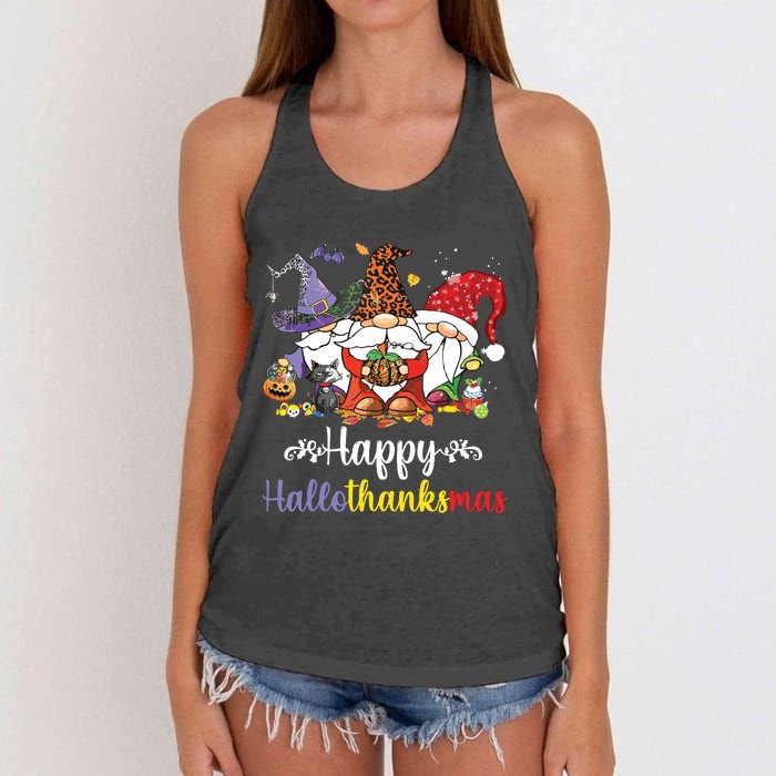 Halloween Thanksgiving Christmas Happy Hallothanksmas Gnome Women's Knotted Racerback Tank