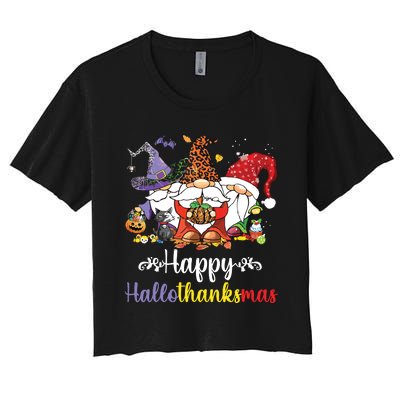 Halloween Thanksgiving Christmas Happy Hallothanksmas Gnome Women's Crop Top Tee