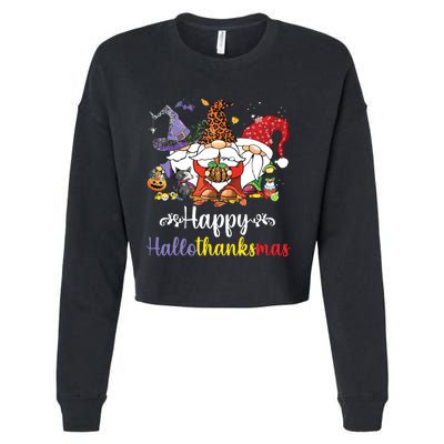 Halloween Thanksgiving Christmas Happy Hallothanksmas Gnome Cropped Pullover Crew