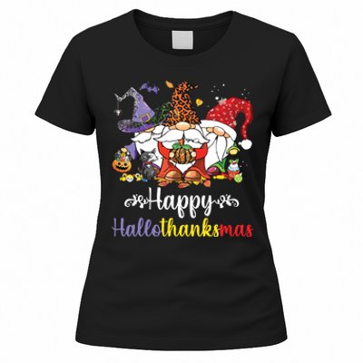 Halloween Thanksgiving Christmas Happy Hallothanksmas Gnome Women's T-Shirt