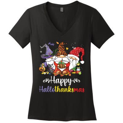 Halloween Thanksgiving Christmas Happy Hallothanksmas Gnome Women's V-Neck T-Shirt