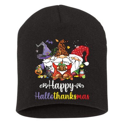 Halloween Thanksgiving Christmas Happy Hallothanksmas Gnome Short Acrylic Beanie