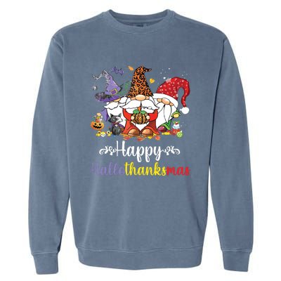 Halloween Thanksgiving Christmas Happy Hallothanksmas Gnome Garment-Dyed Sweatshirt