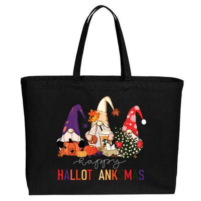 Halloween Thanksgiving Christmas Happy Hallothanksmas Gnomes Cotton Canvas Jumbo Tote