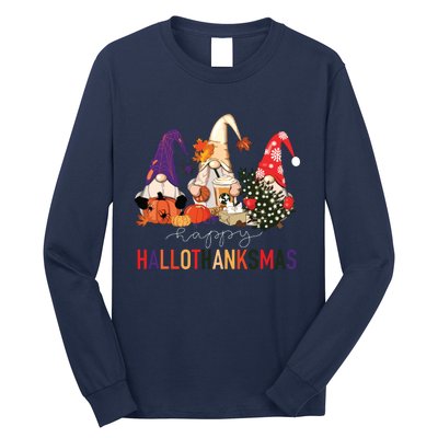 Halloween Thanksgiving Christmas Happy Hallothanksmas Gnomes Long Sleeve Shirt