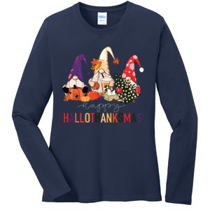 Halloween Thanksgiving Christmas Happy Hallothanksmas Gnomes Ladies Long Sleeve Shirt