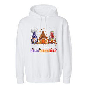 Halloween Thanksgiving Christmas Happy HalloThanksMas Gnomes Garment-Dyed Fleece Hoodie