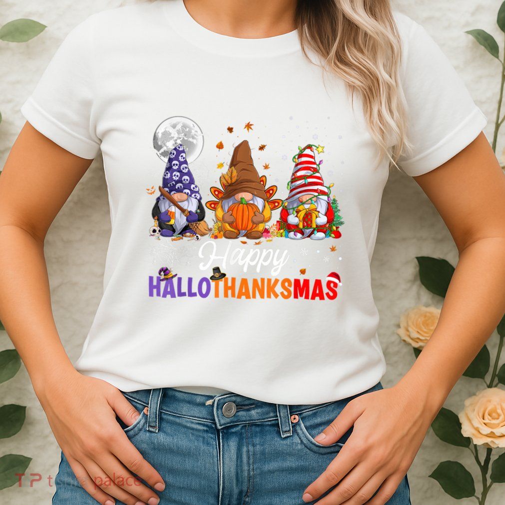 Halloween Thanksgiving Christmas Happy HalloThanksMas Gnomes Womens T-Shirt