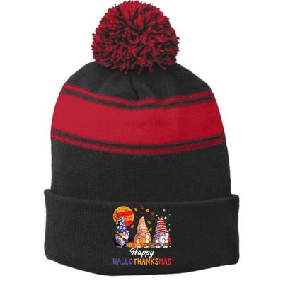 Halloween Thanksgiving Christmas Happy Hallothanksmas Gnomes Stripe Pom Pom Beanie