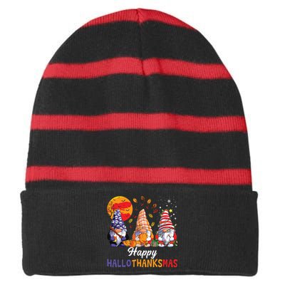 Halloween Thanksgiving Christmas Happy Hallothanksmas Gnomes Striped Beanie with Solid Band