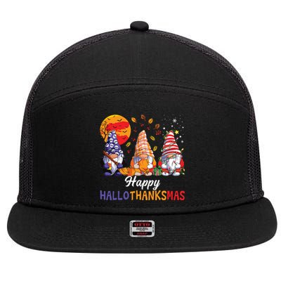 Halloween Thanksgiving Christmas Happy Hallothanksmas Gnomes 7 Panel Mesh Trucker Snapback Hat