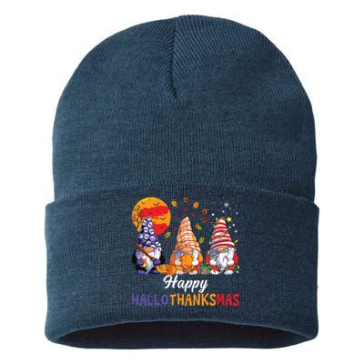 Halloween Thanksgiving Christmas Happy Hallothanksmas Gnomes Sustainable Knit Beanie