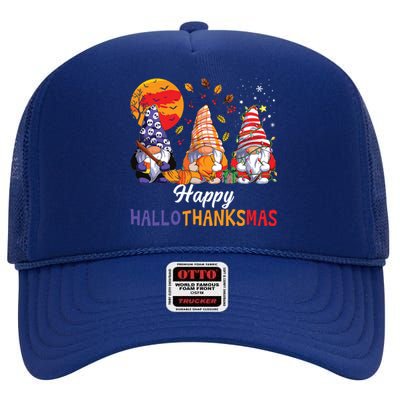 Halloween Thanksgiving Christmas Happy Hallothanksmas Gnomes High Crown Mesh Back Trucker Hat